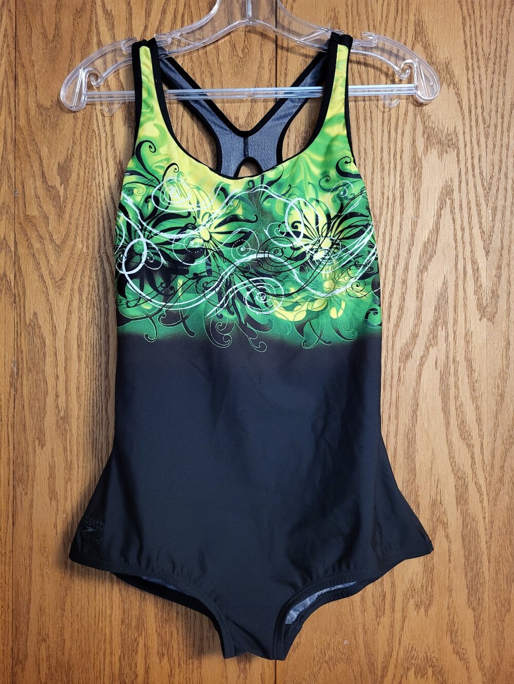NWT Speedo Black/Green/Yellow/White One Piece Swimsuit Size 8